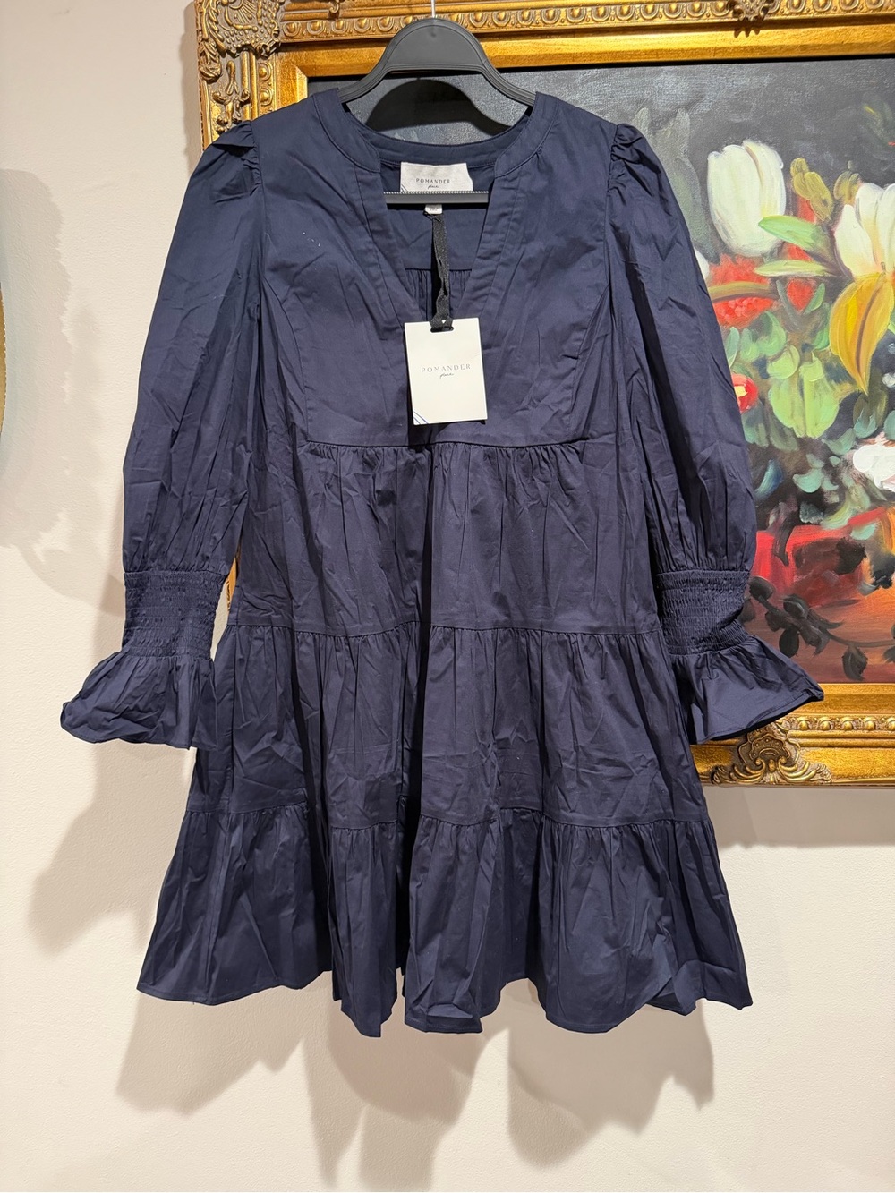 Pomander Place Navy Tiered Mini Dress with Smocked Cuffs